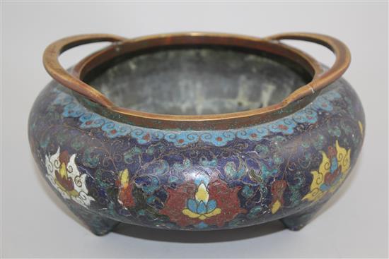 A large Chinese cloisonne enamel tripod censer, 19th century 23.5cm diam., some repairs